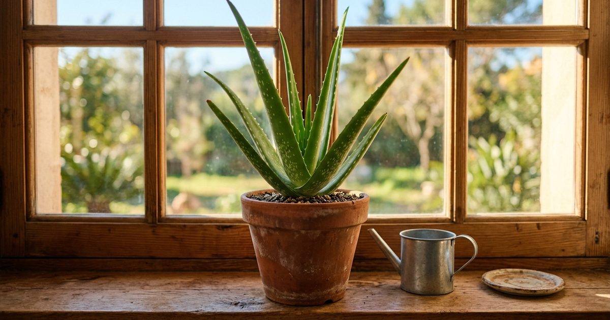 Un aloe vera en maceta de barro en el alféizar de una ventana soleada, con las hojas carnosas y enteras