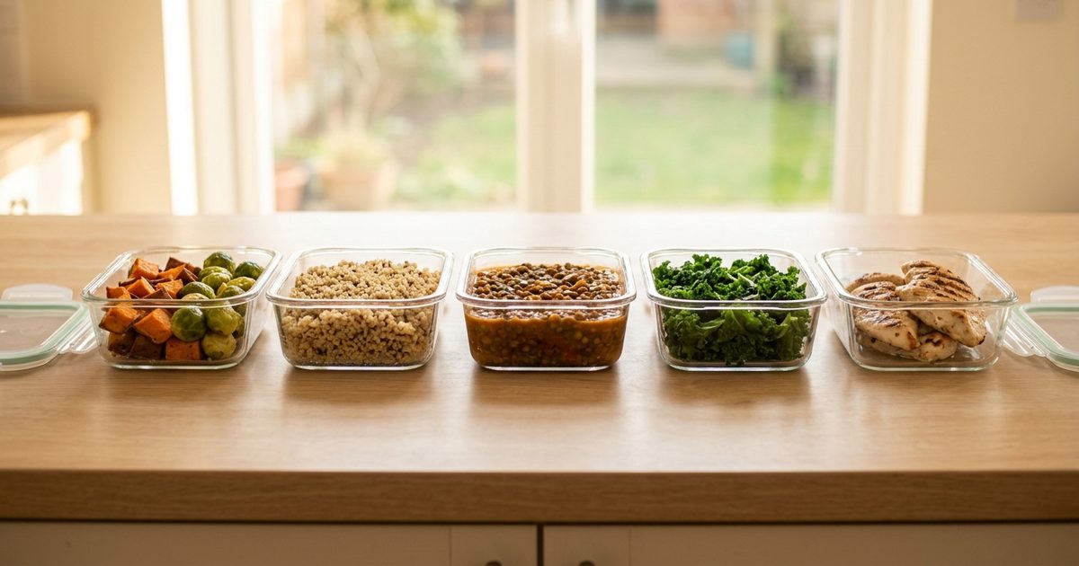 Cinco recipientes de cristal alineados en la encimera con verduras asadas, cereal, un guiso, verdura verde y pollo
