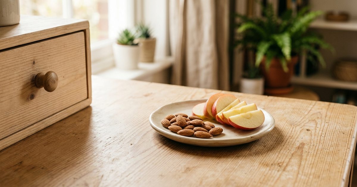 Un plato pequeño con almendras y manzana cortada sobre una mesa de madera junto a la ventana