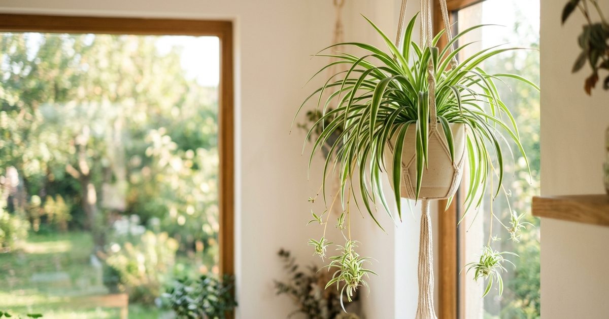 Una cinta colgada junto a la ventana, con varios hijuelos colgando de sus tallos