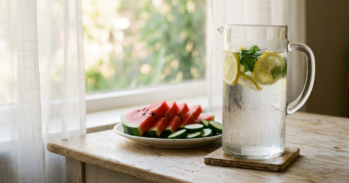 Una jarra de agua fría con limón y menta junto a un plato de sandía y pepino, con la luz del verano entrando por la ventana