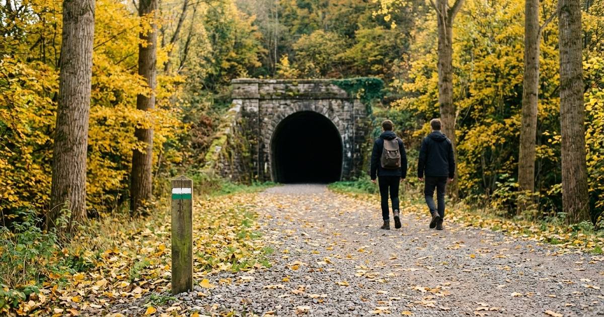 Dos senderistas de espaldas caminando por una vía verde de grava hacia la boca de piedra de un antiguo túnel de tren, entre árboles de otoño, junto a un poste de madera con la marca blanca y verde de sendero local