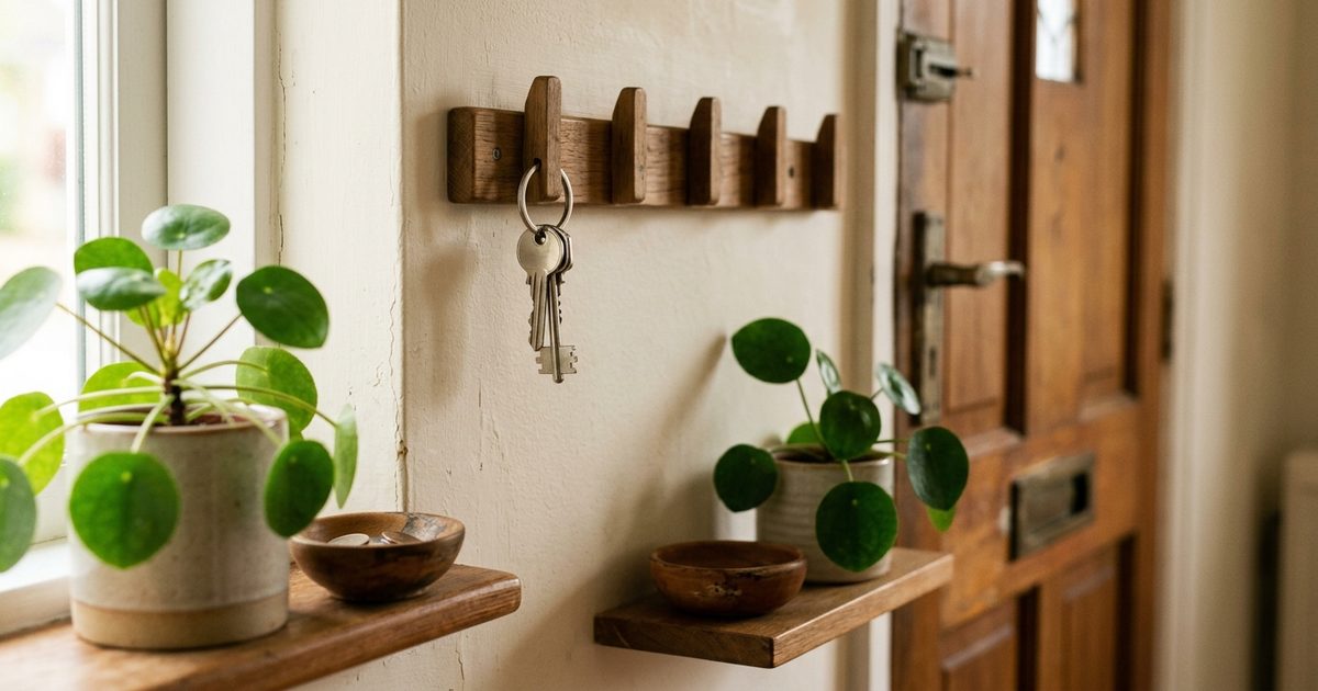 Unas llaves colgadas del mismo gancho de un colgador de madera junto a la puerta de casa, con los demás ganchos vacíos y dos plantas en repisas