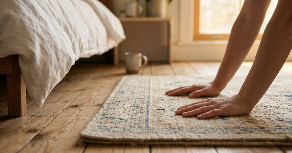 Dos manos apoyadas en una alfombra junto a la cama al empezar el día, con la luz de la mañana entrando por la ventana