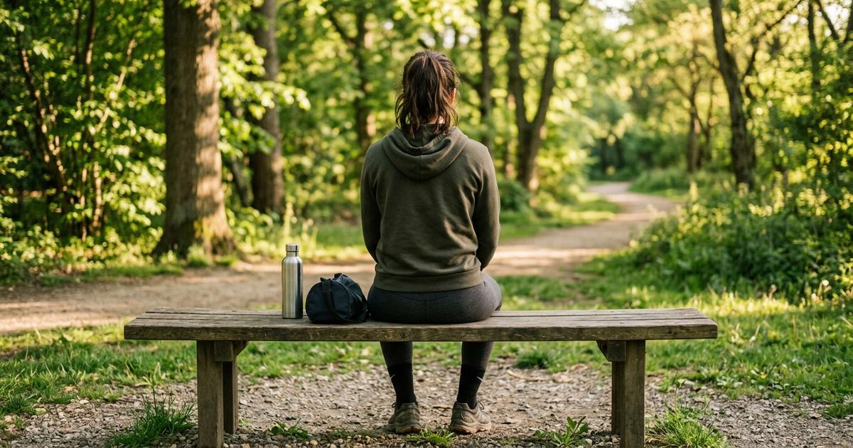 Una persona sentada de espaldas en un banco de madera en un parque, con la luz de la tarde filtrándose entre los árboles