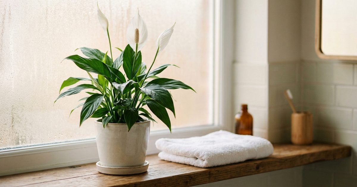 Un espatifilo con dos flores blancas en una repisa del baño, junto a una toalla doblada