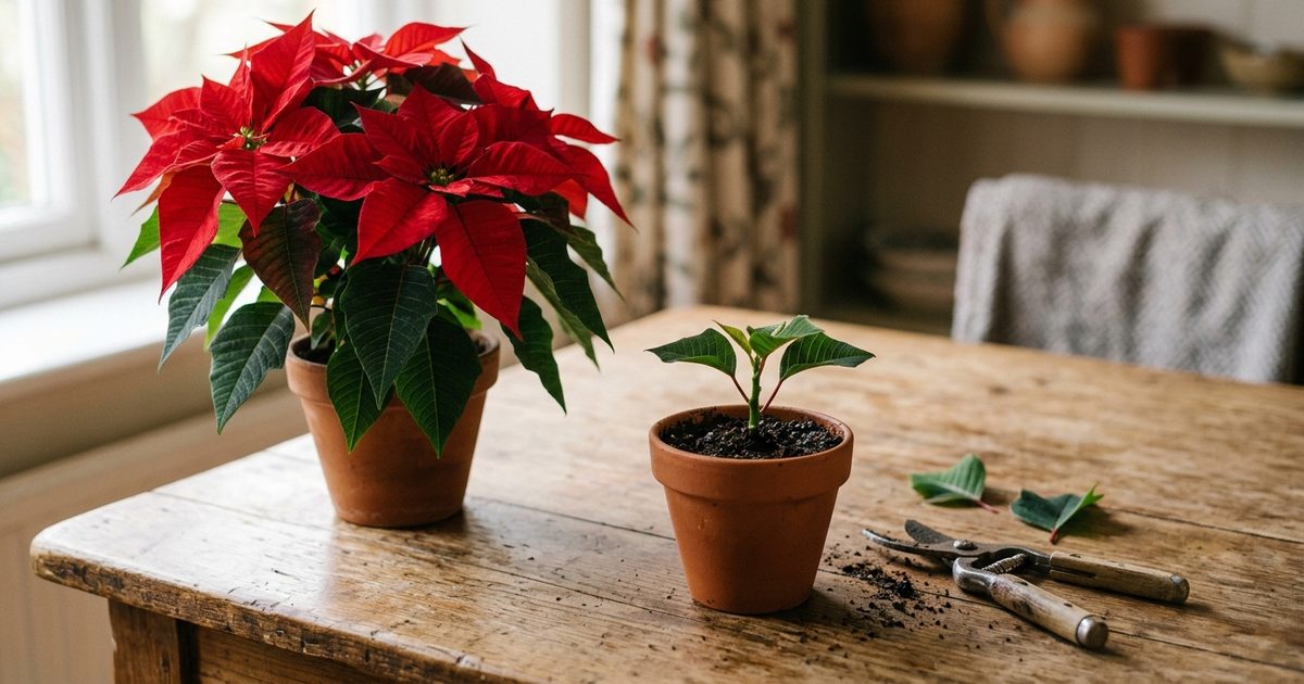 Flor de pascua de brácteas rojas junto a una maceta de barro con un esqueje recién plantado en sustrato húmedo, unas tijeras de podar y dos hojas cortadas