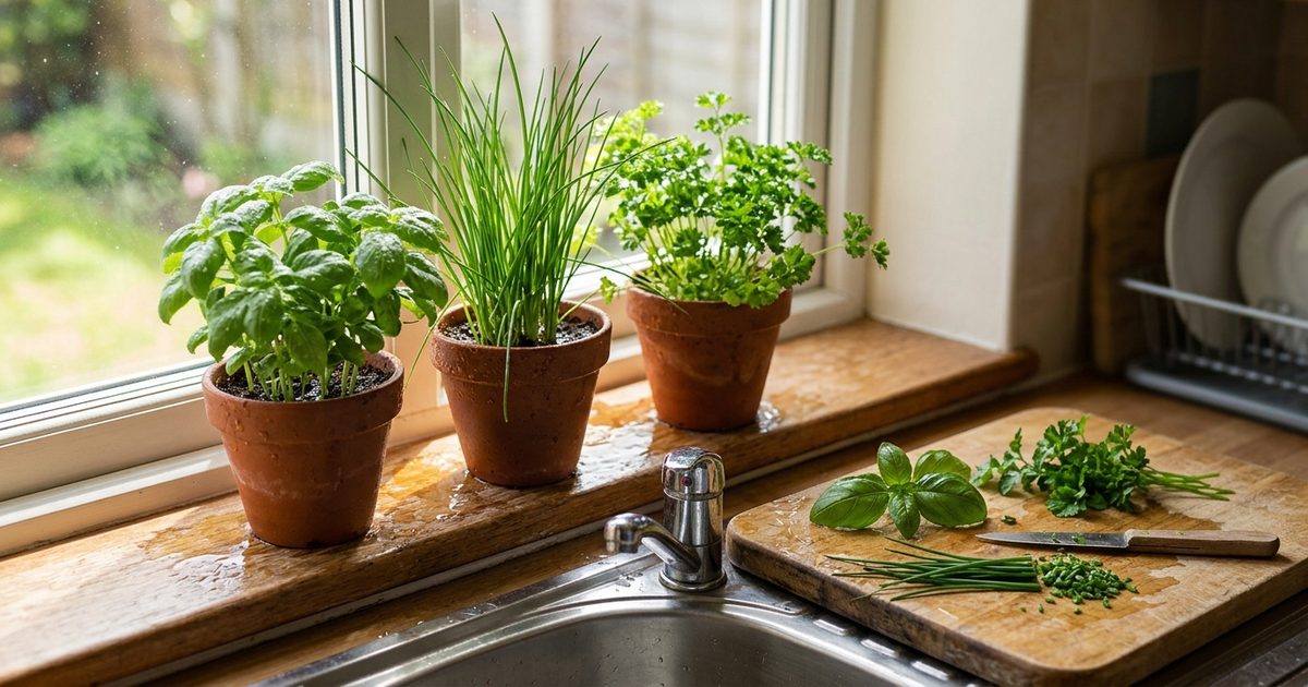 Tres macetas de barro con albahaca, cebollino y perejil en el alféizar sobre el fregadero de la cocina, con una tabla y unas hierbas recién cortadas al lado