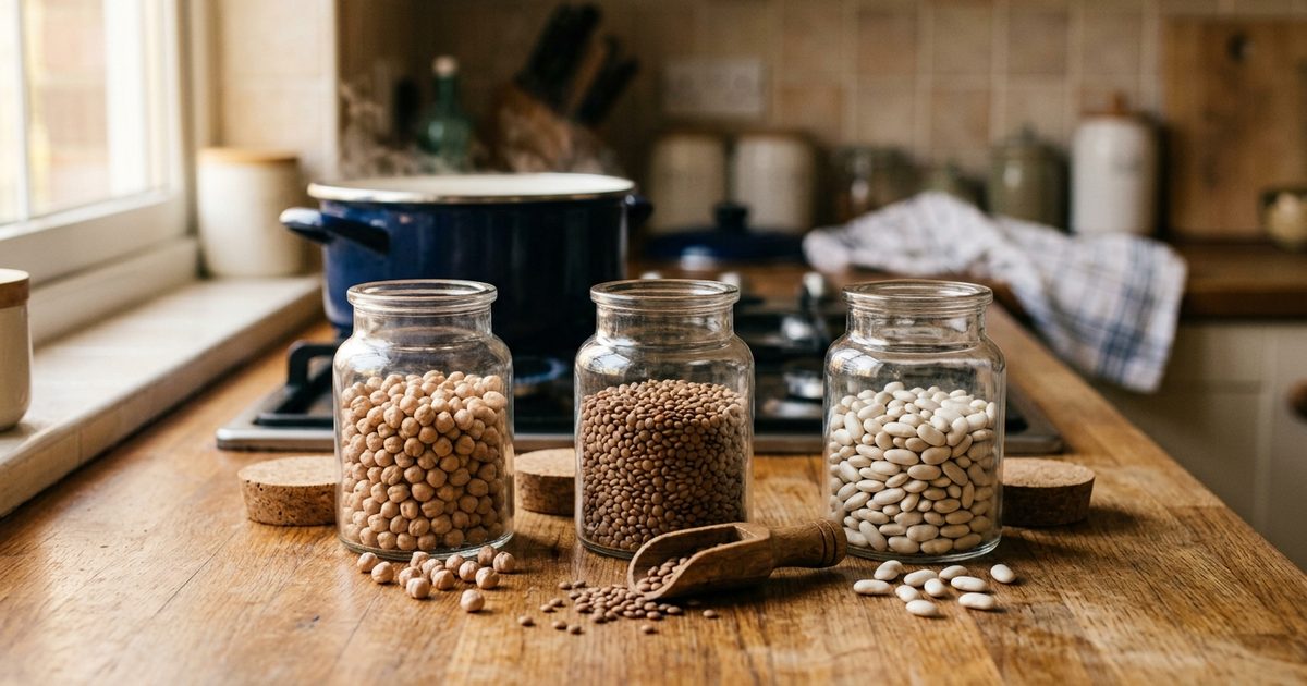 Tres tarros de cristal con garbanzos, lentejas y alubias sobre la encimera, con una cuchara de madera y una olla al fondo