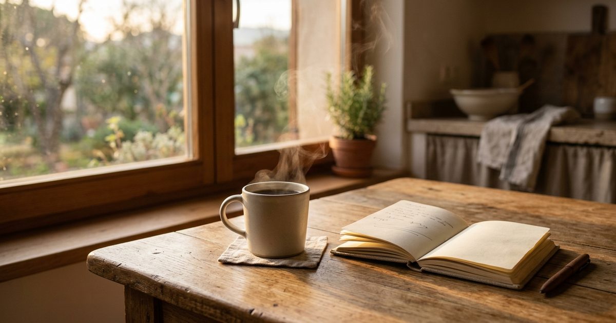 Una taza de café humeante y un cuaderno abierto sobre una mesa de madera, con la luz de primera hora entrando por la ventana