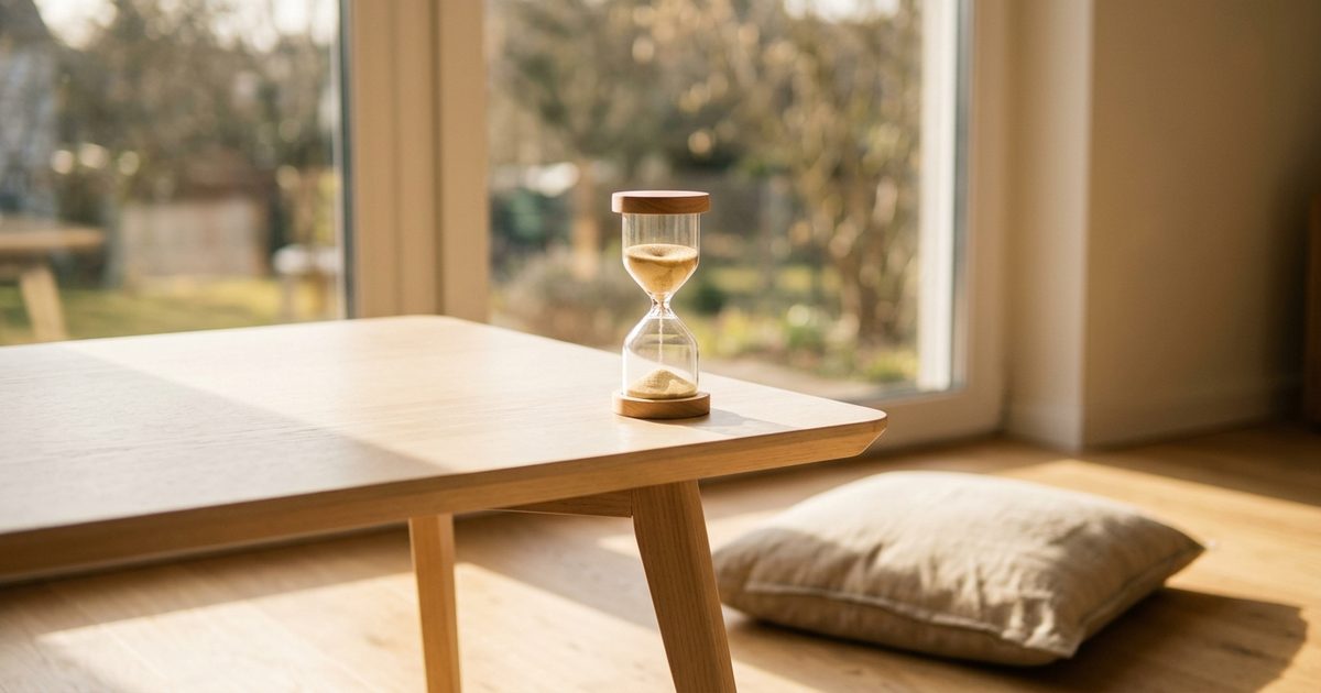 Un pequeño reloj de arena sobre una mesa junto a la ventana, con un cojín en el suelo al lado