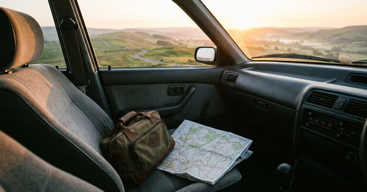 Bolsa de viaje y un mapa de papel sobre el asiento del copiloto de un coche aparcado en un mirador, con el amanecer sobre campos verdes al otro lado del parabrisas