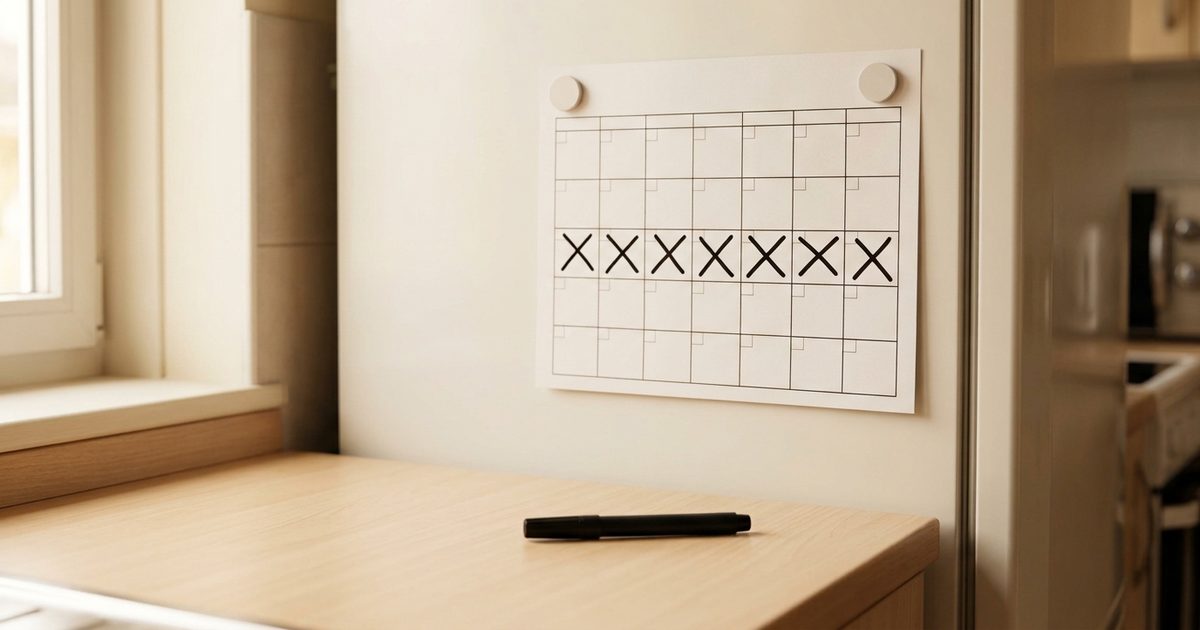 Un calendario de papel con una hilera de equis hechas a mano, una por cada día cumplido, y un rotulador debajo