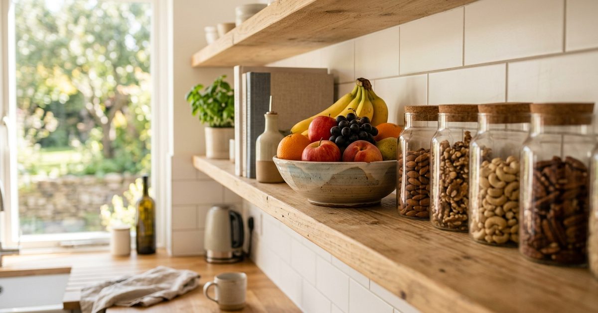 Una estantería abierta de cocina con el frutero a la vista y tarros de frutos secos al lado