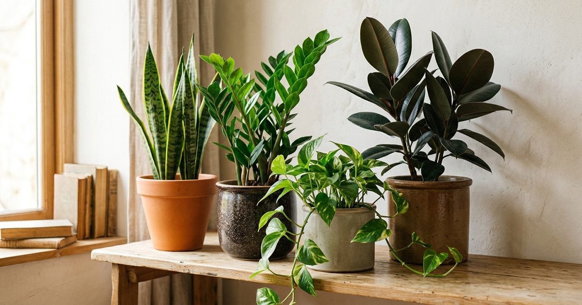 Cuatro plantas de interior resistentes en un banco de madera junto a una ventana: sansevieria, zamioculca, poto y ficus de caucho