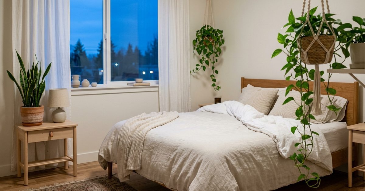 Dormitorio al anochecer con una sansevieria en la mesilla y un poto colgado junto a la cama, con luz azul entrando por la ventana