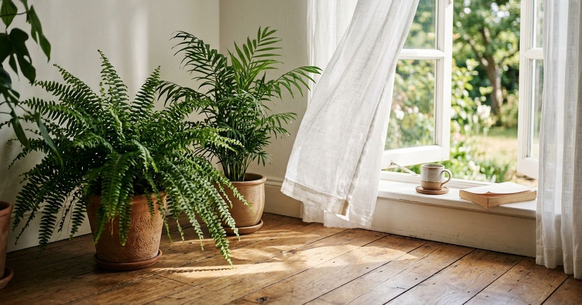 Un helecho y una areca en macetas de barro junto a una ventana abierta, con la cortina de lino movida por el aire y la luz filtrada sobre el suelo de madera