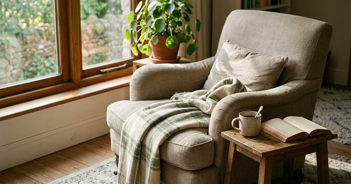 Butaca de lino junto a una ventana, con una manta de cuadros echada por encima, una taza y un libro abierto en la mesita de madera, y una planta verde al lado