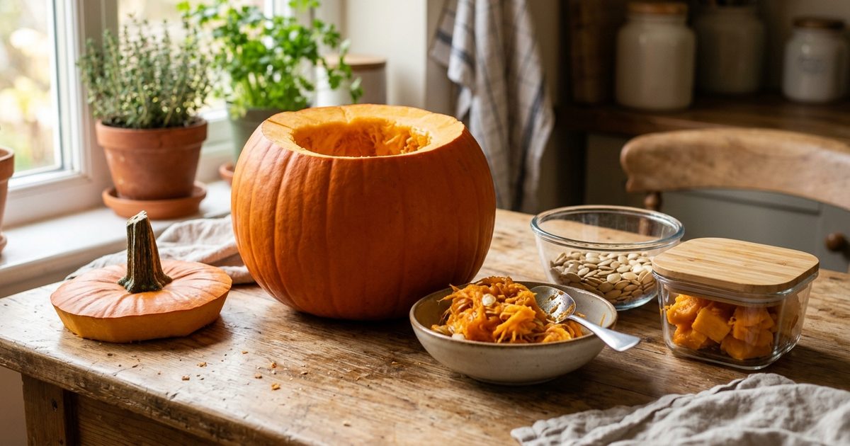 Calabaza naranja abierta por arriba sobre una mesa de cocina de madera, con un bol de pipas limpias, otro con las hebras y un táper de cristal con trozos de carne