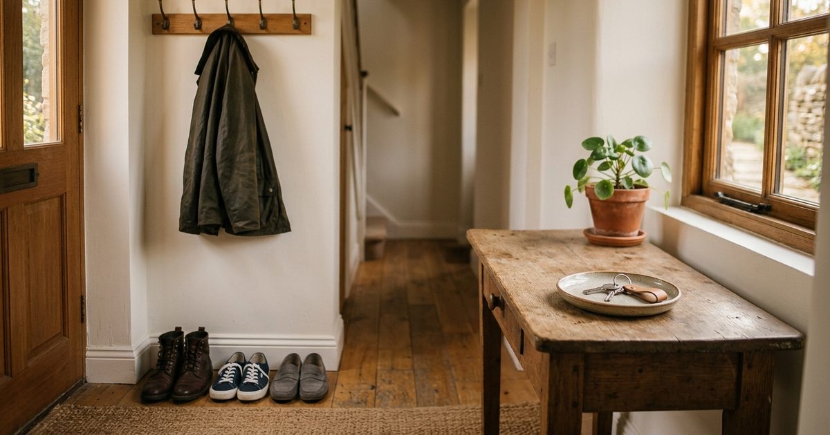 Una entrada de casa recogida: el abrigo colgado, los zapatos alineados y las llaves en un platito