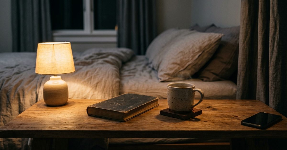 Una mesilla de noche con una lámpara encendida, un libro, una taza y el móvil boca abajo apartado