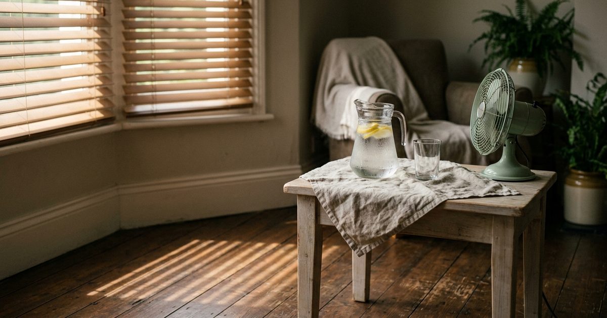 Una habitación en penumbra con la persiana entornada, una jarra de agua con limón sobre una mesa y un ventilador