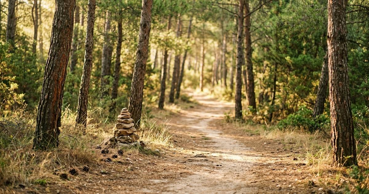 Sendero de tierra entre pinos a primera hora de la mañana, con la luz entrando entre los troncos y un pequeño montón de piedras junto al camino