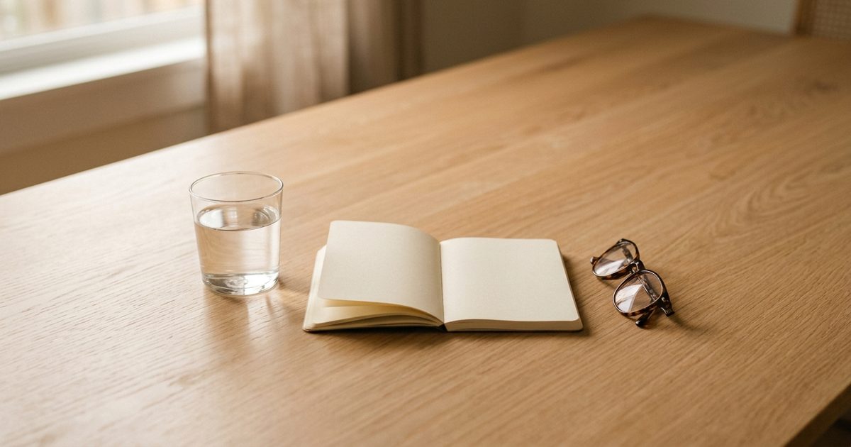 Tres cosas sencillas sobre una mesa de madera: un vaso de agua, un cuaderno abierto con un bolígrafo y unas gafas de leer