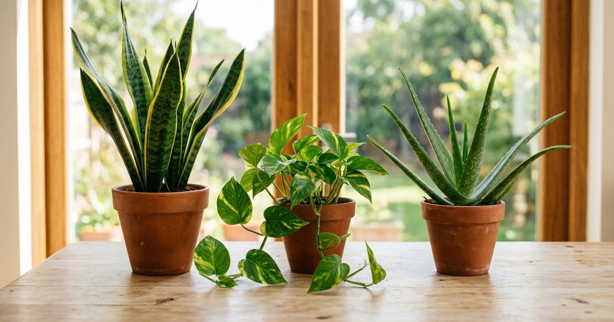 Sansevieria, poto y aloe vera en macetas de barro sobre una mesa de madera, delante de una ventana con el jardín al fondo