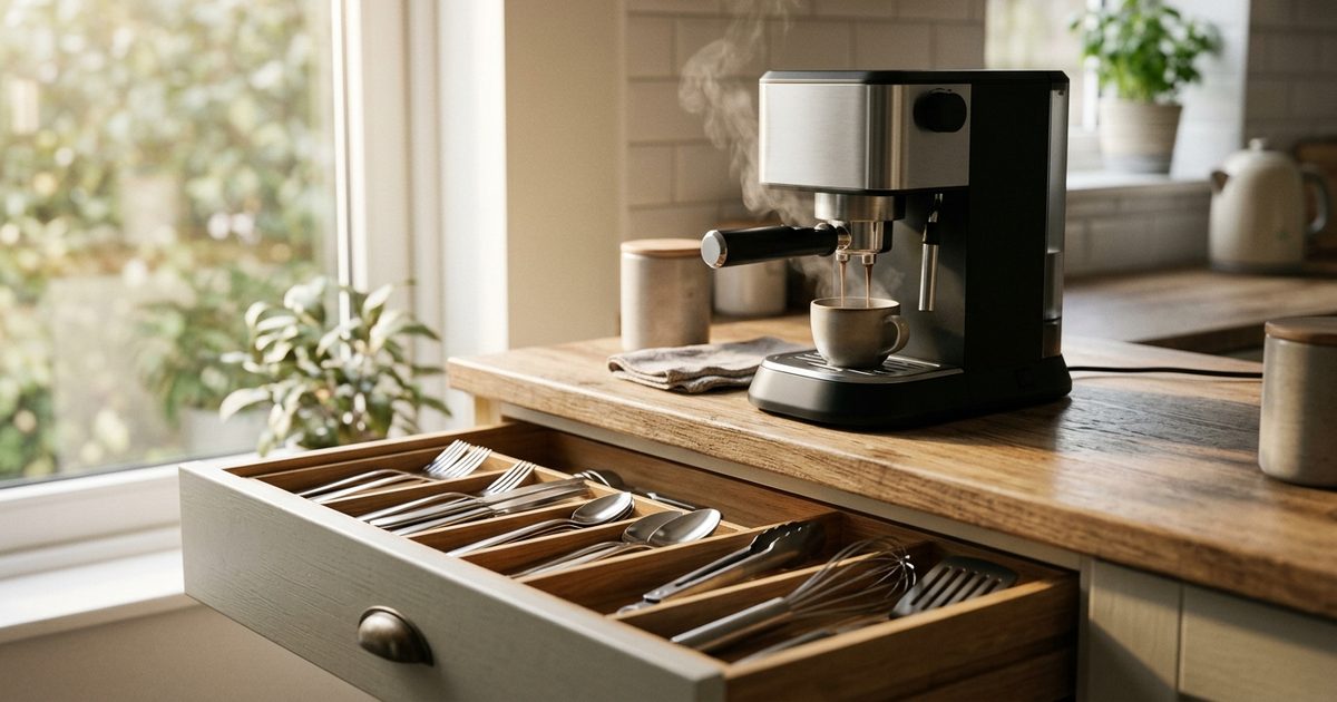 Una cafetera haciendo café en la encimera y, justo al lado, un cajón de cubiertos abierto y ordenado