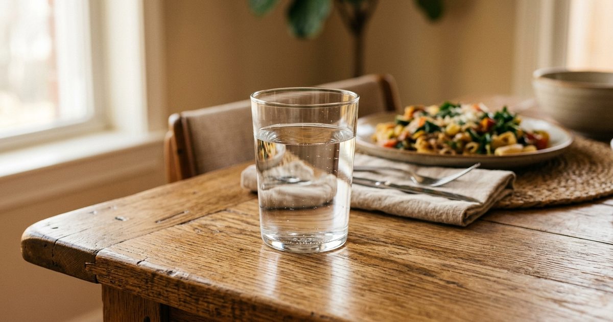 Un vaso de agua en primer plano sobre la mesa puesta, con el plato esperando detrás