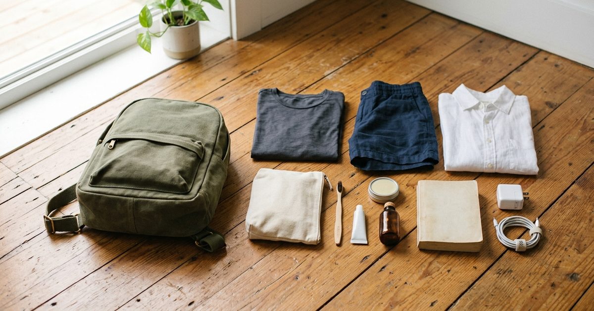 Mochila pequeña en el suelo de madera junto a todo lo que cabe dentro: ropa doblada, un neceser, un libro y un cargador